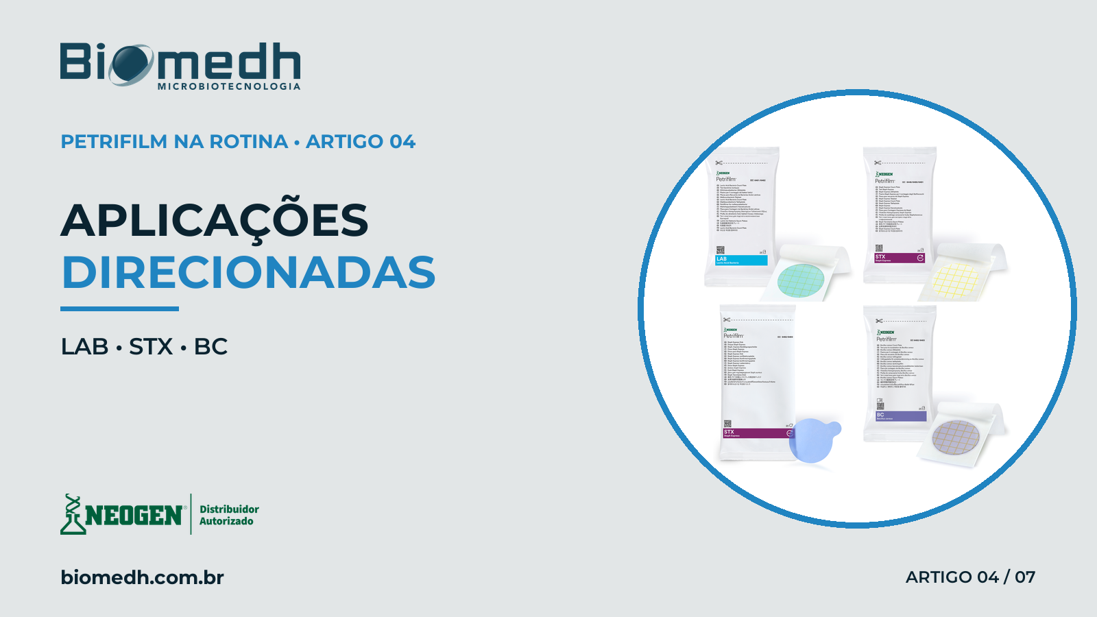 Capa editorial com as soluções Neogen Petrifilm LAB, STX e BC para bactérias ácido-láticas, Staphylococcus e Bacillus cereus.