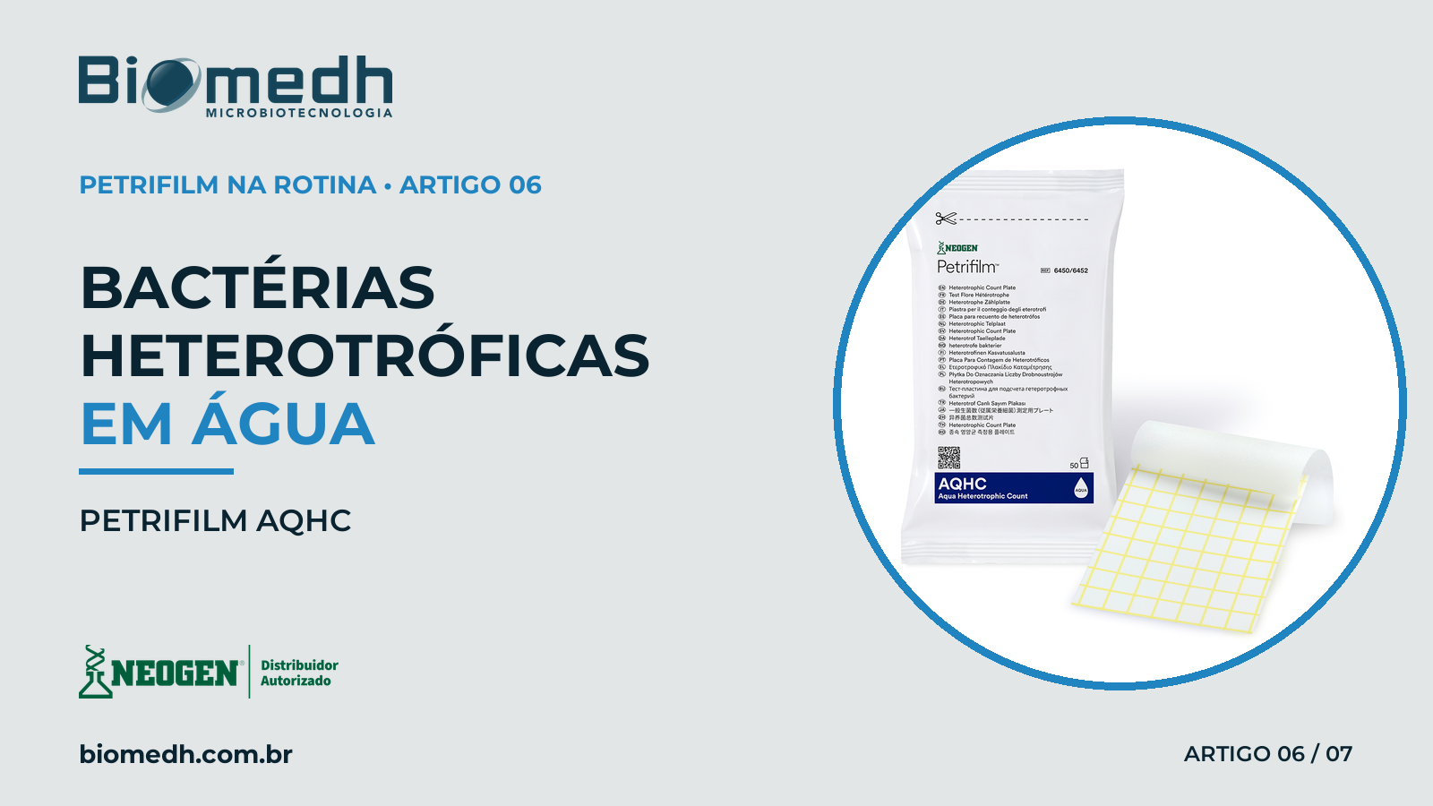 Capa editorial cinza com a Placa Neogen Petrifilm AQHC e referência à contagem de bactérias heterotróficas em água.