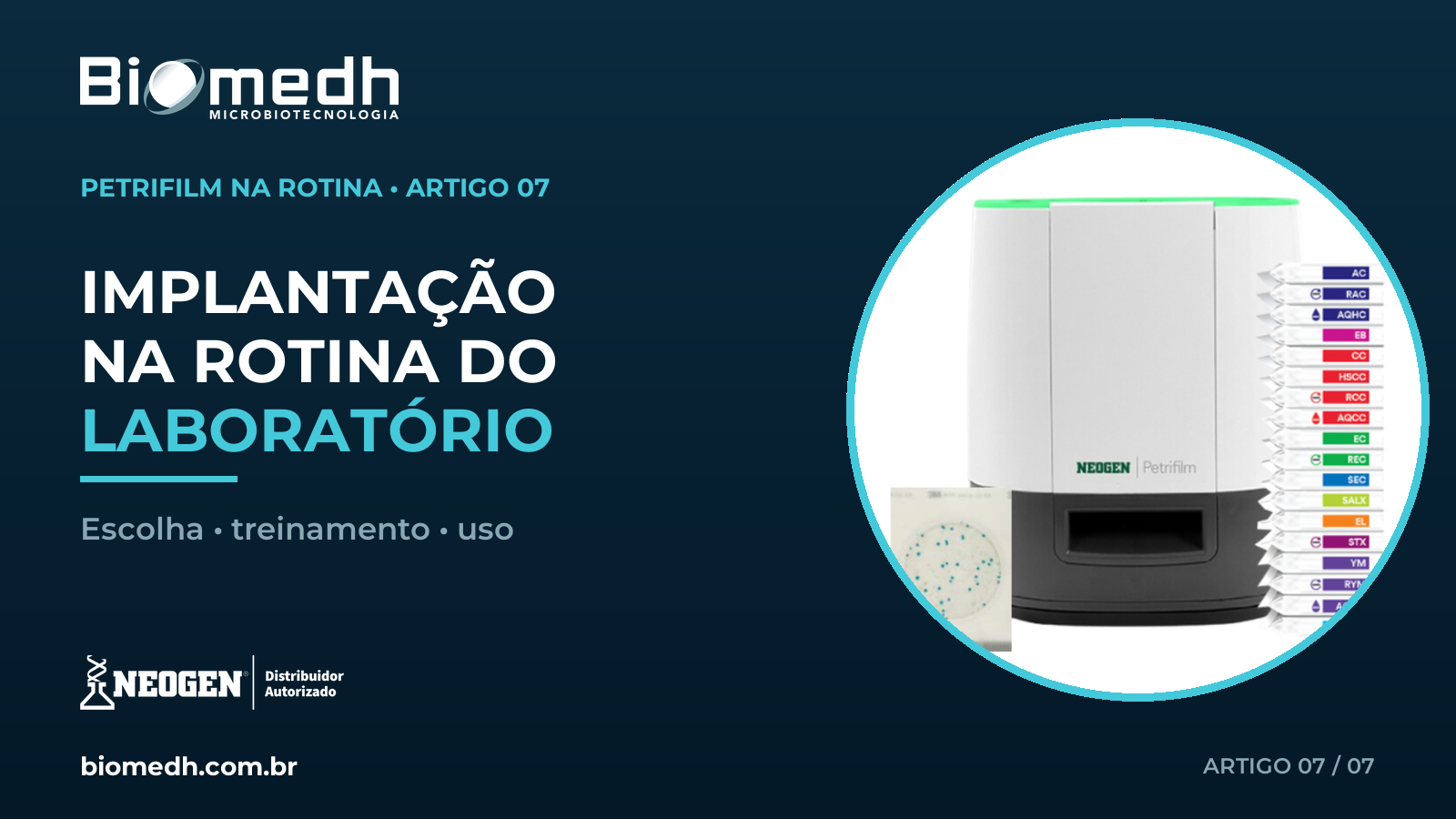 Capa editorial escura com diferentes placas Neogen Petrifilm e referência à implantação na rotina do laboratório.